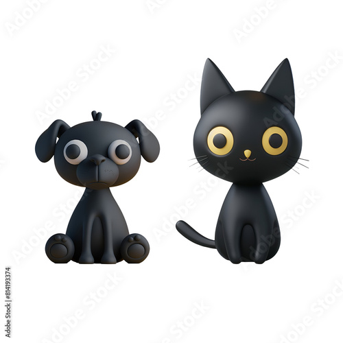 Cute Pets in 3D Cartoon Illustration Style  Set of Black Cat and Black Dog  Isolated on Transparent Background  PNG