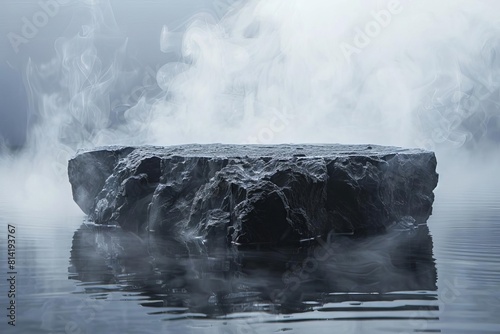 Black volcanic rock podium in a steamy setting, ideal for spa products or hightemperature gear photo