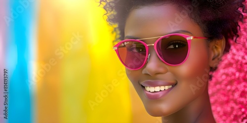 Woman in pink sunglasses with a unique Africaninspired style smiling brightly. Concept Fashion, Stylish, Unique, African-inspired, Pink Sunglasses