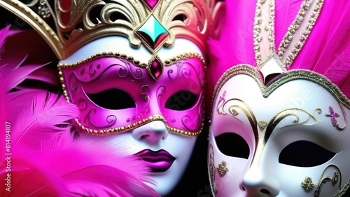 two mysterious Venetian mask on a black background red golden white black colors masquerade
