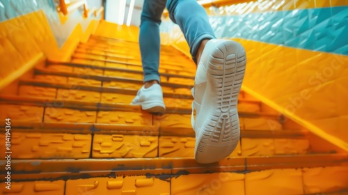 illustration of a man's shoes jogging up bright yellow stairs underground, Ai generated photo