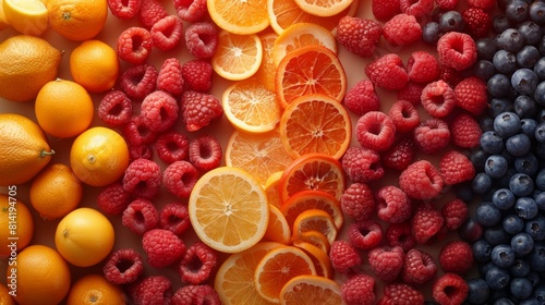 A close up of a bunch of different fruits and berries, AI