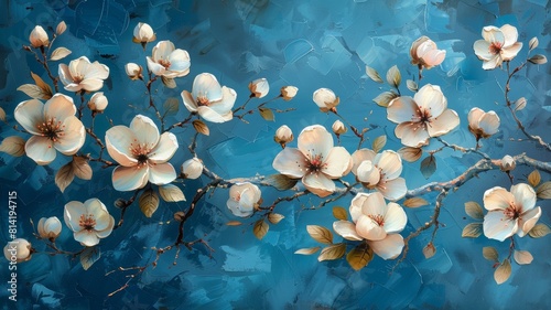 White magnolia flowers on a blue background.branch of lilac