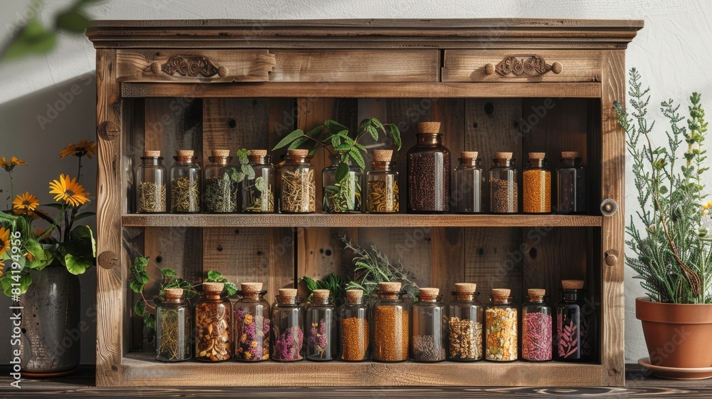 ayurveda medicine cabinet with herbs and oils, promoting holistic healing, with space for text traditional approach to wellness ayurveda medicine cabinet with herbs and oils, promoting holistic healing, with space for text traditional approach to wellness