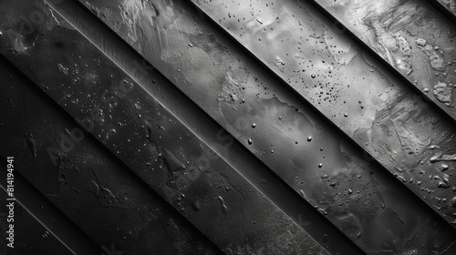 Black and white image of a corrugated metal surface with water droplets.