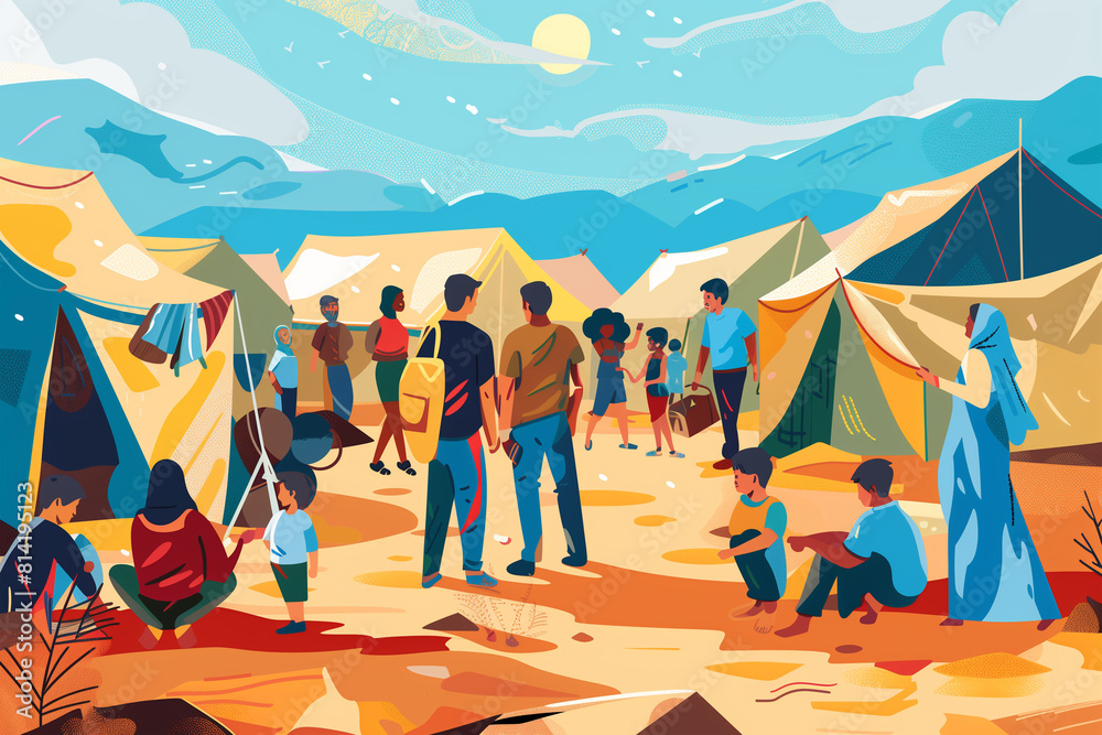 Obraz premium Group of People Standing Around Tents in the Desert