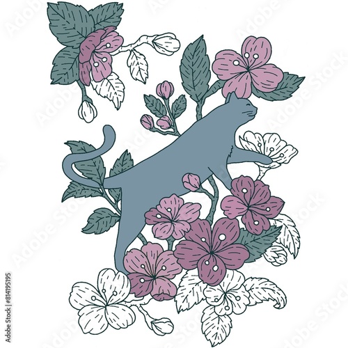 illustration of a cat climbing a flowering tree. spring bloom. illustration on white background