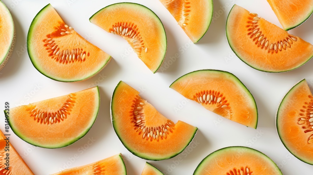 A variety of cantaloupe slices on a white background. A variety of cantaloupe slices on a white background.