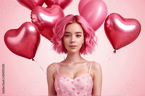 a woman with pink hair in a pink dress and balloons in the background