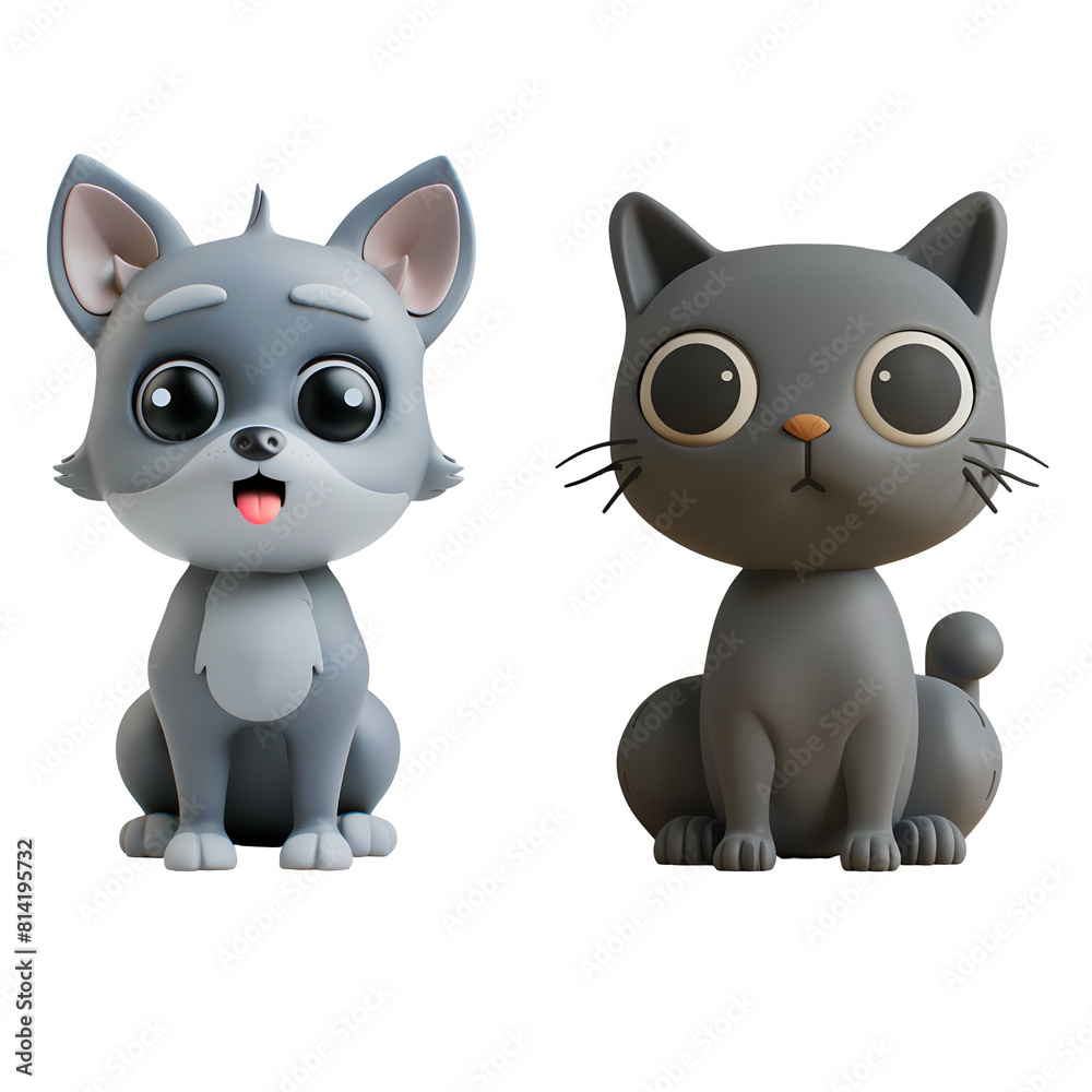 Gray Cat and Gray Dog: A Set of Cute Pets in 3D Cartoon Illustration Style, Isolated on Transparent Background, PNG Gray Cat and Gray Dog: A Set of Cute Pets in 3D Cartoon Illustration Style, Isolated on Transparent Background, PNG