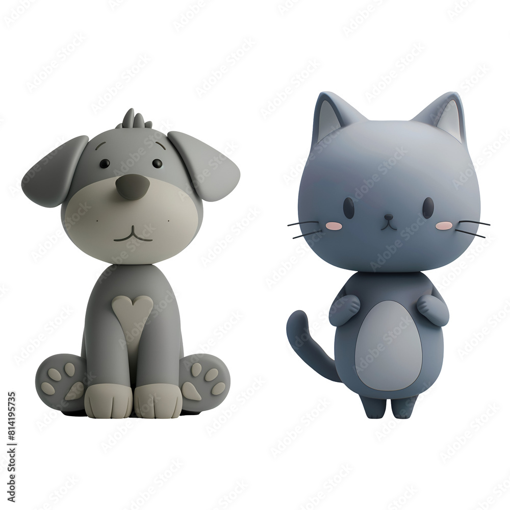 Naklejka premium Cute Pets in 3D Cartoon Illustration Style: Set of Gray Cat and Gray Dog, Isolated on Transparent Background, PNG