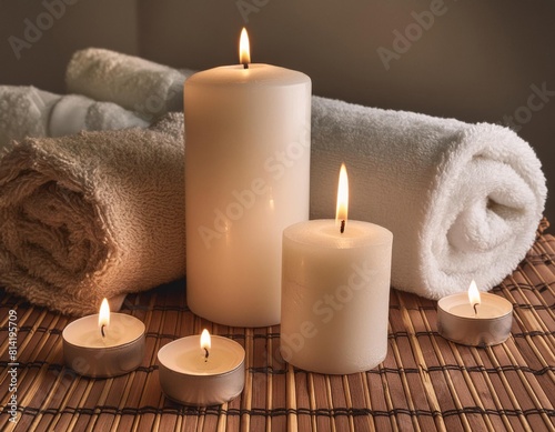 Candles are lit on a bamboo mat with towels and towels