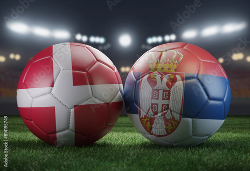 Two soccer balls in flags colors on a stadium blurred background. Group C. Denmark and Serbia. 3D image.