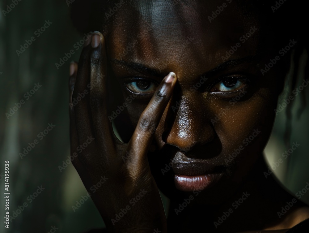 Serious African American Woman Close-Up, low light, intense gaze
Serious African American Woman Close-Up, low light, intense gaze