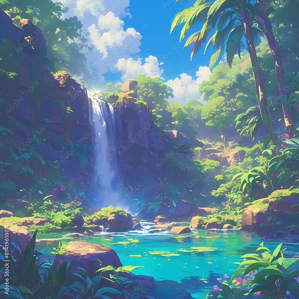 A serene and vibrant tropical jungle waterfall scene with cascading ...