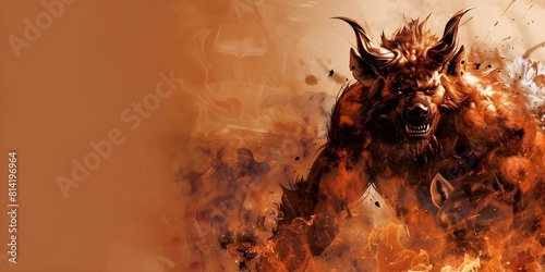 High-Resolution AI Art of a Fiery Monster with Demon Horns and Hyena Characteristics. Concept AI Art, Fiery Monster, Demon Horns, Hyena Characteristics