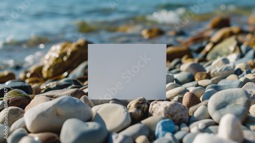 Maquete de cartão de papel branco em branco. Placa de cartão em branco em pé na praia do mar natural, oceano, fundo de seixos