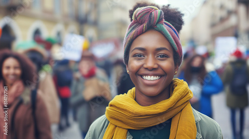 Sorridente jovem afro-americana em pé ao ar livre com um grupo de manifestantes ao fundo. Ela é uma estudante que protesta com um grupo de ativistas em uma manifestação nas ruas da cidade photo