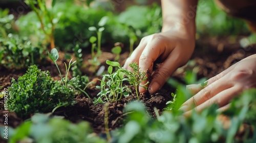 Close das mãos de uma pessoa da Geração Z plantando mudas de vegetais ou ervas culinárias em uma horta comunitária urbana. Estilo de vida sustentável, sustentabilidade ambiental, alimentação saudável. photo