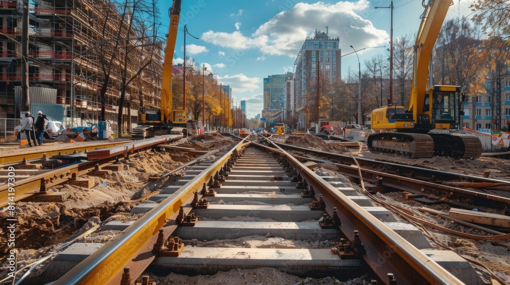 Fototapeta premium Construction site of railroad track