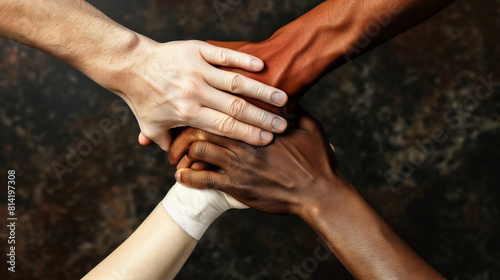 Equipe multiétnica diversificada, conceito de parceria, unidade e diversidade. Perto de pessoas multirraciais unindo as mãos photo