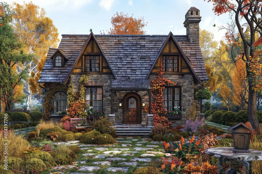 A quaint brick house surrounded by trees and grass, blending into the natural landscape of the autumn forest. A picturesque scene of art in nature. High quality 3d illustration A quaint brick house surrounded by trees and grass, blending into the natural landscape of the autumn forest. A picturesque scene of art in nature. High quality 3d illustration