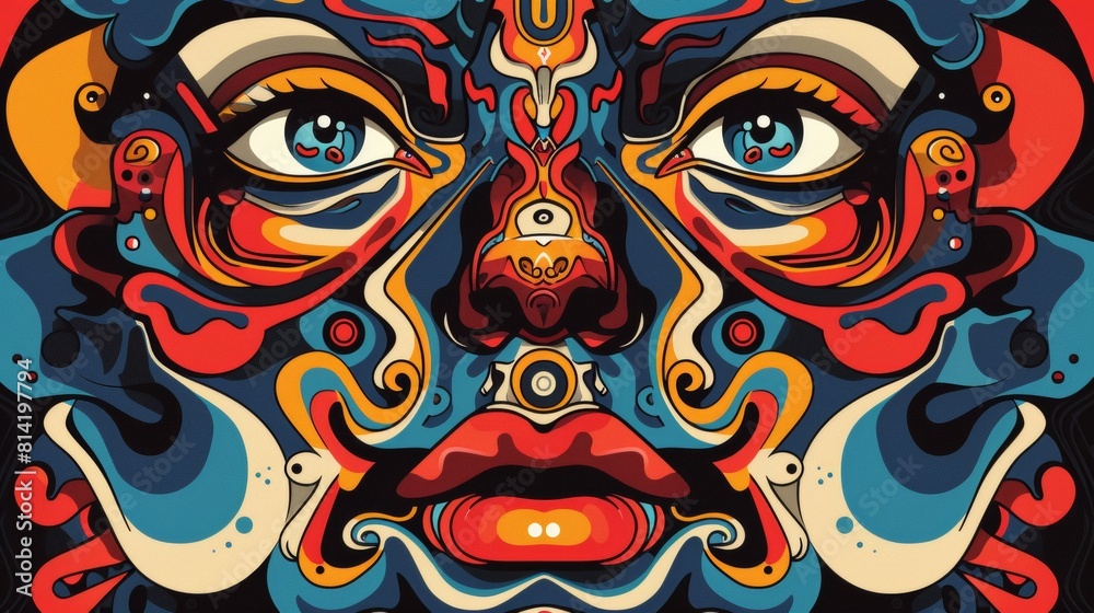 A colorful painting of a face with many eyes and mouths, AI A colorful painting of a face with many eyes and mouths, AI