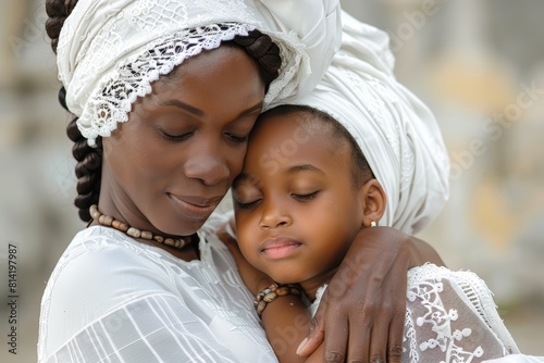 African Mother and Daughter Sharing a Tender Embrace in Traditional Attire
