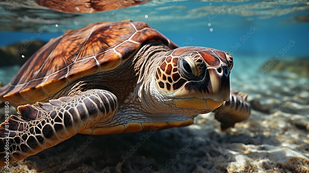 Fototapeta premium A sea turtle swims close to the sea bed in clear water, its flippers navigating the aquatic environment with ease - Generative AI