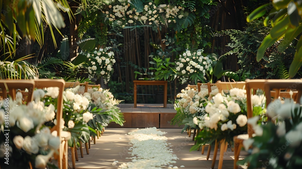 Wedding ceremony background decoration with plant and bouquets flowers, empty scene for wedding in the garden, beautiful event in outdoor and open air.