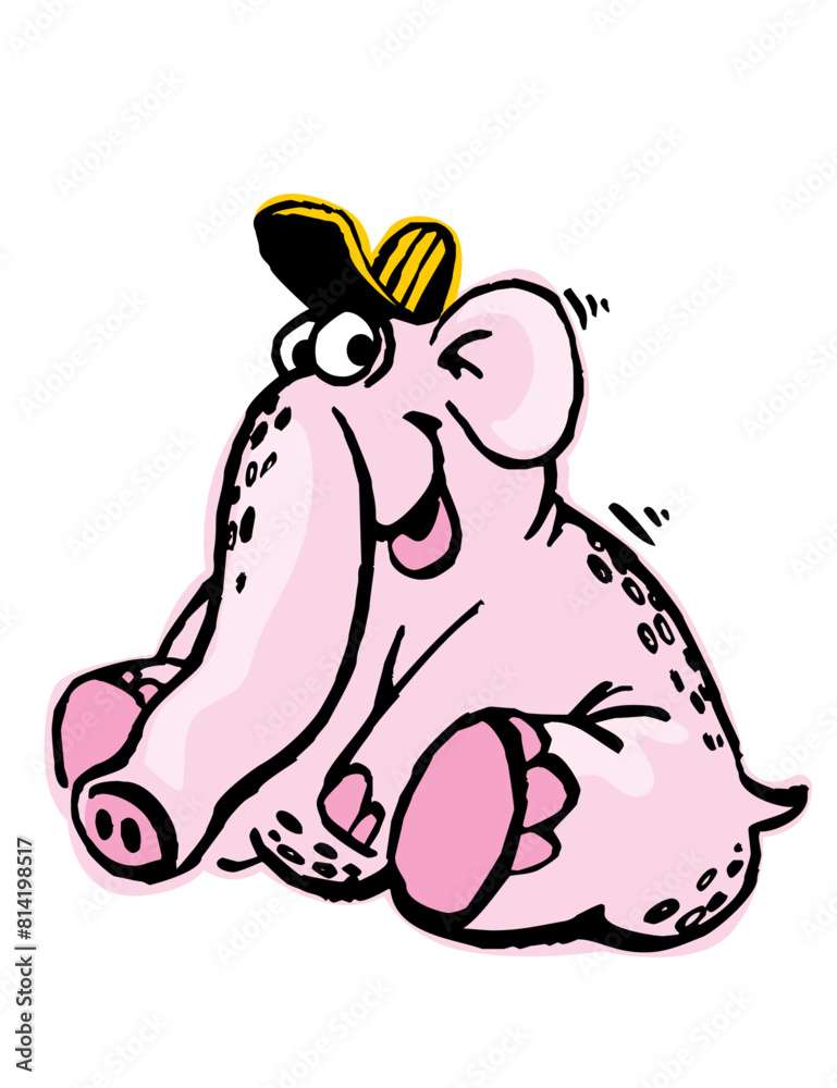 A pink baby elephant in a yellow baseball cap. Vector image for prints, poster and illustrations. A pink baby elephant in a yellow baseball cap. Vector image for prints, poster and illustrations.