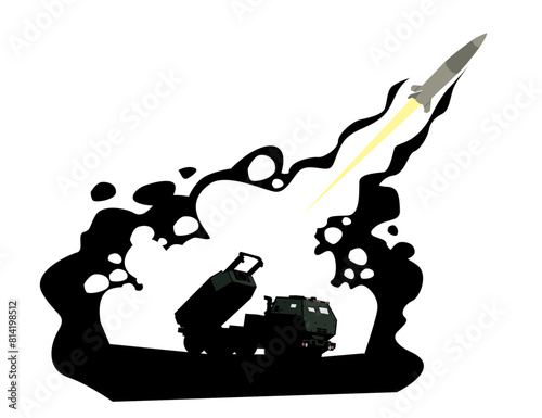 HIMARS and ATACMS.. Launch of a tactical ballistic missile. Vector image for prints, poster and illustrations.