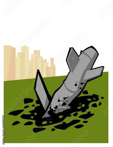A cruise missile shot down by air defenses near the city. Vector image for prints, poster and illustrations.