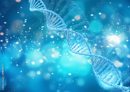Spiral DNA double helix structure on blue background.