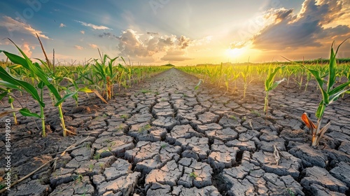 Corn field during drought hot weather cracked ground 