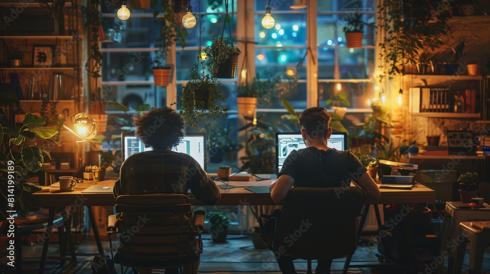 Two software engineers working on a project in a home office