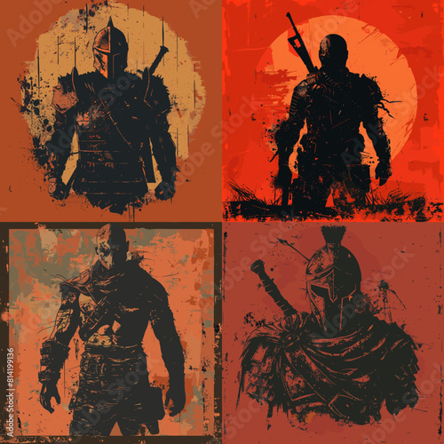 Silhouetted warrior illustrations in grunge style with medieval and modern armor. Dark red backgrounds, gritty textures, and heroic fighter poses with swords, guns, and helmets.