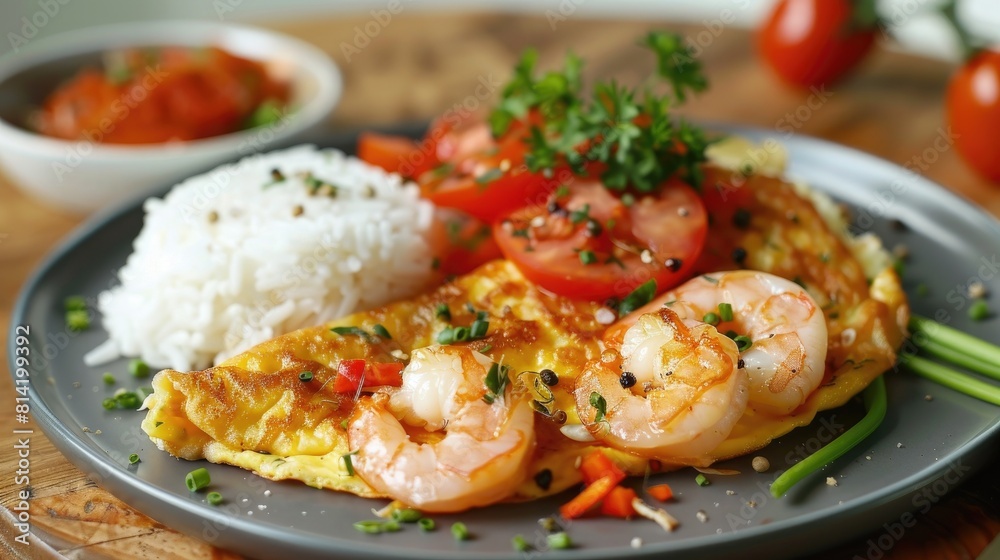 Creamy Omelet with Shrimps on Rice Recipe served Tomatoes Creamy Omelet with Shrimps on Rice Recipe served Tomatoes