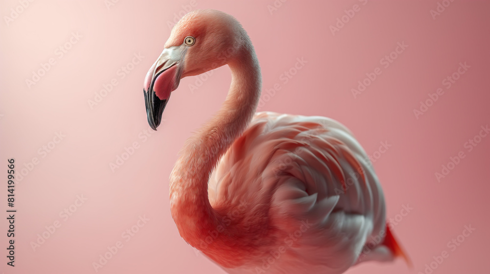 Fototapeta premium A majestic pink flamingo gracefully stands on a soft pink background, exuding elegance and poise
