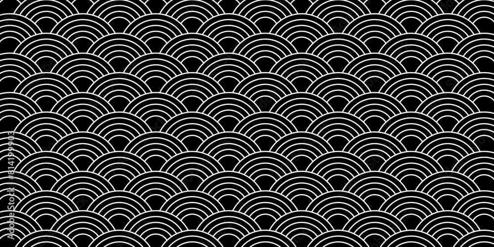 Black and white scallop print. Japanese seigaiha pattern. Sea or ocean waves background. Fish squama or dragon scale. Simple geometric ornament with repeating arch shapes. Vector graphic illustration. Black and white scallop print. Japanese seigaiha pattern. Sea or ocean waves background. Fish squama or dragon scale. Simple geometric ornament with repeating arch shapes. Vector graphic illustration.