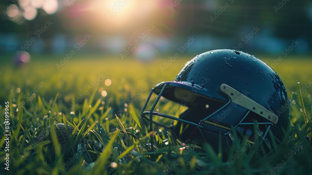 Cricket fans helmet from down view with green grass plant Cricket fans helmet from down view with green grass plant