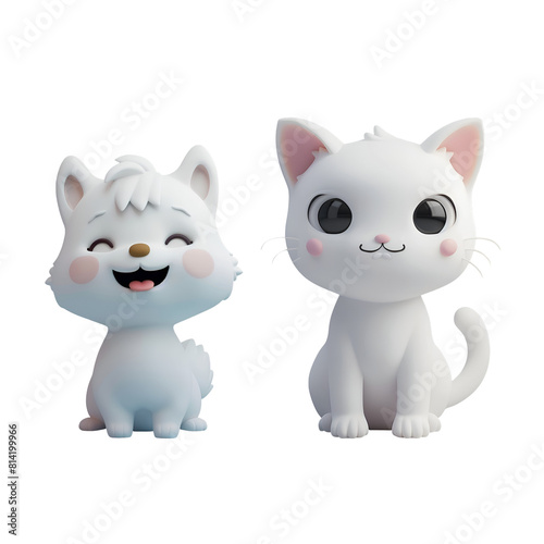 Illustration of Cute Pets in 3D Cartoon Style: Set of White Dog and White Cat, Isolated on Transparent Background, PNG