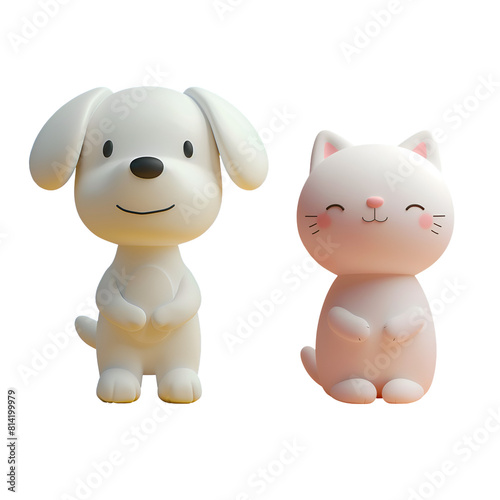 Cute White Cat and White Dog Set in 3D Cartoon Illustration Style, Isolated on Transparent Background, PNG