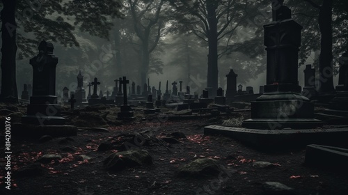 A Mystical and Eerie View of a Fog-Enshrouded Cemetery at Twilight