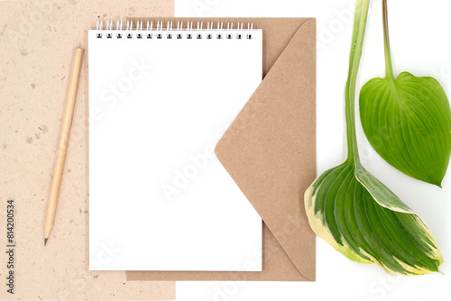 Tropical plants, pencil and notepad with blank sheets, craft envelope on white background