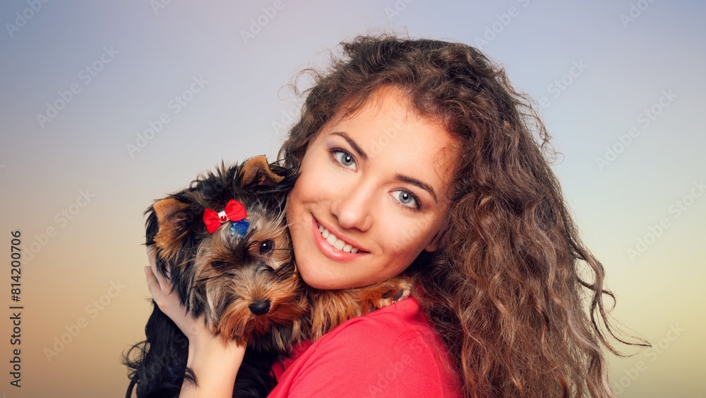 a girl holds cute domestic dog in room background a girl holds cute domestic dog in room background