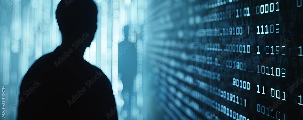 A closeup of a computer screen displaying encrypted code, with a shadowy figure in the background, hinting at cybersecurity threats