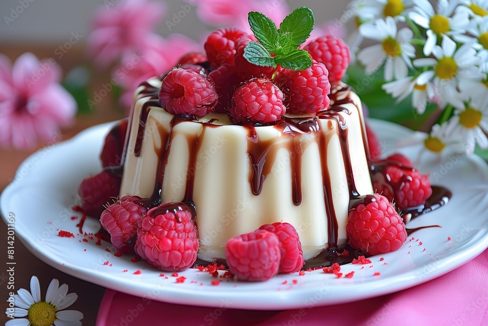 Chocolate panna cotta with raspberries and chocolate sauce Chocolate panna cotta with raspberries and chocolate sauce