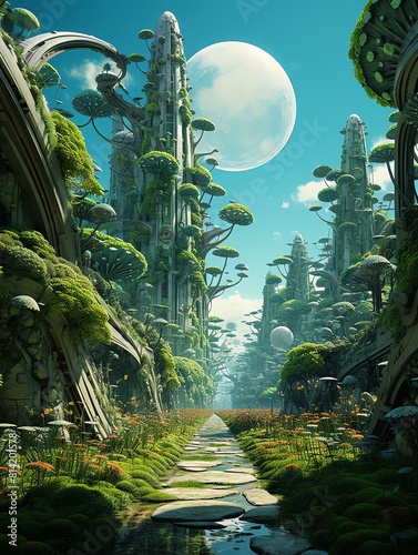 A surreal alienlike landscape where genetically engineered plants and flora take on otherworldly forms and colors