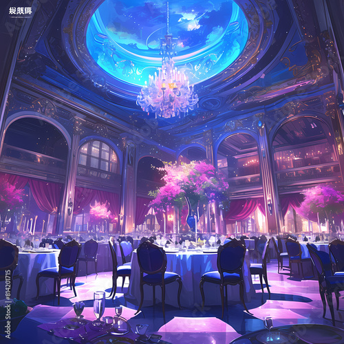 Opulent Banquet Hall: A Grand Ballroom with Starlit Ceiling and Lavish Decorations photo